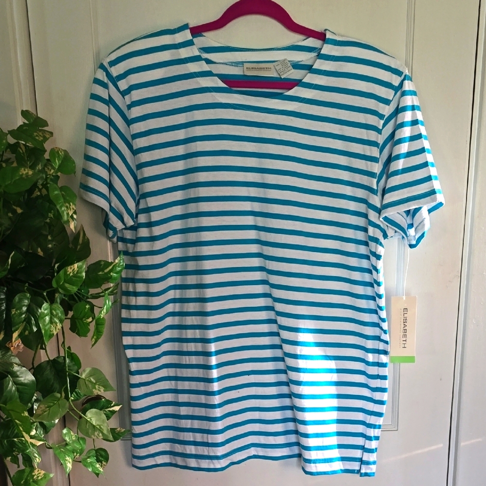 Womens Blue and White Striped Short Sleeve Shirt